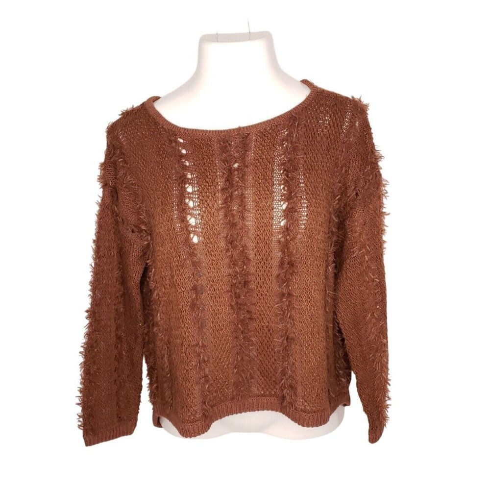 Amuse Juniors Brown Knit Sweater L Boho Fringed Lightweight Open Knit Womens